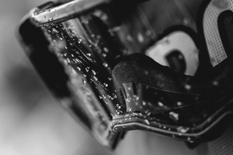 Water beading on a cycling shoe, close up