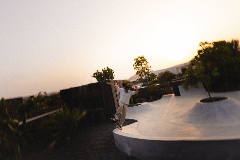 A concrete skate bowl at dusk with palms behind